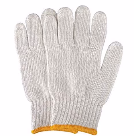 Pair of white cotton knitted hand gloves with a yellow ribbed cuff