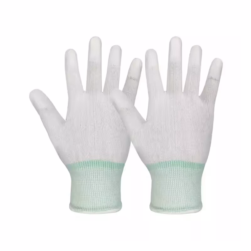 White anti-static carbon-fiber gloves with green cuffs and PU fingertip coating
