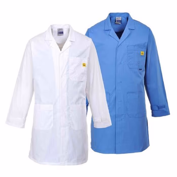 White and blue ESD coats for controlled work areas