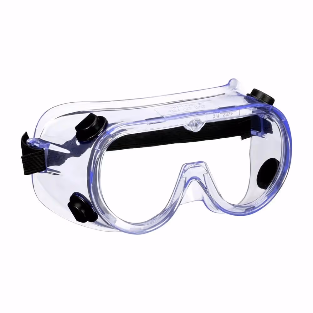 Clear vented splash safety goggles with an adjustable black strap